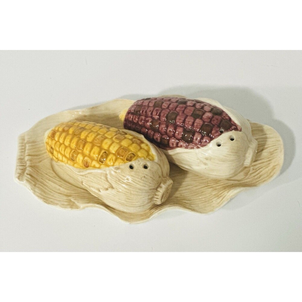 Vintage Corn on Cob Salt and Pepper Shakers on Plate Jay Imports 3 Pc Set